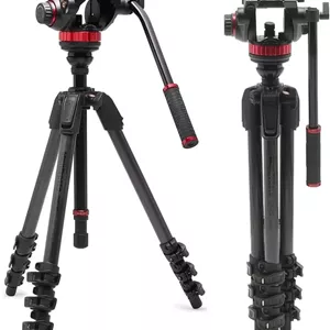 سه پایه فیلمبرداری Manfrotto 055 با هد سیال ویدیویی 502، فیبر کربن، سیستم سه پایه سنگین حرفه ای، با ستون تراز، قفل اهرمی، پایه سه پایه دوربین، برای دوربین های DSLR/بدون آینه، دوربین های فیلمبرداری