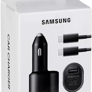 شارژر فندکی دو پورت سامسونگ Type-C با توان حداکثر 45 وات (PD, QC, AFC) / USB-A با توان حداکثر 15 وات (AFC, QC)کابل C به C (5A)