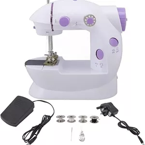 چرخ خیاطی کوچک قابل حمل، دو سرعته با میز کمکی، چراغ LED، دو نخ، سفید و بنفش