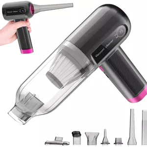 جاروبرقی دستی 4 در 1 خودرو، جاروبرقی قابل حمل و بی سیم 15000Pa با صفحه نمایش LED، دمنده هوا، پمپ دستی، جاروبرقی کوچک قابل شارژ با مکش قوی برای تمیز کردن خودرو، خانه، و دفتر (مشکیصورتی)