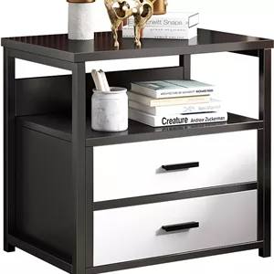 میز کنار تختی Beauenty، کابینت کنار تخت چوبی با کشو و قفسه نگهداری باز، میز انتهایی ساده چوبی با قاب فولادی برای اتاق خواب، اتاق نشیمن، خوابگاه (خاکستری تیره)