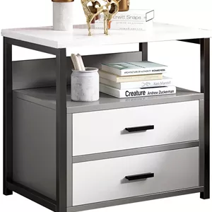 میز کنار تختی Beauenty، کابینت کنار تخت چوبی با کشو و قفسه نگهداری باز، میز انتهایی ساده چوبی با قاب فولادی برای اتاق خواب، اتاق نشیمن، خوابگاه (خاکستری روشن)
