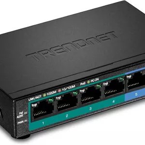 سوئیچ 5 پورت گیگابیتی PoE  با برد بلند TRENDnet مدل TPE-LG50، دارای 4 پورت PoE ، 1 پورت گیگابیتی، سوییچ DIP دوربین برای افزایش برد PoE  تا 200 متر، رنگ مشکی