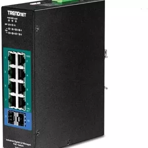 سوئیچ ریلی DIN مدیریت شده لایه 2 گیگابیتی صنعتی 10 پورت TRENDnet با PoE ، دارای 8 پورت گیگابیتی PoE ، نصب ریلی DIN، 2 اسلات SFP، ورودی برق 24-57 ولت DC، IP30، VLAN، مشکی، TI-PG102i