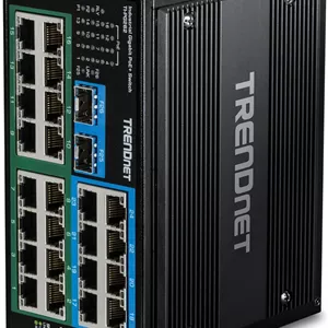 سوئیچ 26 پورت صنعتی غیر مدیریتی گیگابیتی DIN-Rail ترندنت، TI-PG262، دارای 16 پورت گیگابیتی PoE ، 8 پورت گیگابیتی RJ-45 و 2 پورت SFP، IP30، مشکی