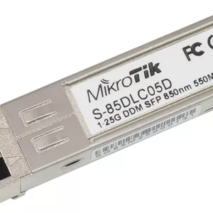 فرستنده و گیرنده SFP میکروتیک S-85DLC05D با سرعت 1.25G، دارای کانکتور LC دوگانه 850 نانومتری، برای اتصال فیبر نوری چند حالته تا 550 متر، با DDM