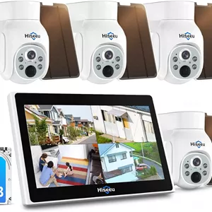 دوربین مداربسته خورشیدی هایسیو، سیستم 4 مگاپیکسلی 100% با LCD 10 اینچی، PTZ 360 درجه، دید در شب رنگی، تشخیص حرکت، سیستم امنیتی خانگی وای فای 2.4G، بدون هزینه اشتراک، شامل 1 ترابایت HDD