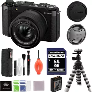 دوربین بدون آینه فوجی فیلم X-M5 با لنز XC 15-45mm f/3.5-5.6 (مشکی) به همراه سه پایه انعطاف پذیر، کارت حافظه 64 گیگابایتی و لوازم جانبی اضافی