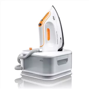 اتو بخار مخزن دار فشرده حرفه ای براون CareStyle، FreeGlide 3D، iCareMode، Eco و Turbo، بخاردهی عمودی، ضد چکه، مخزن آب 1.5 لیتری، 6 بار/400 گرم در دقیقه، 2400 وات، سفید/نارنجی