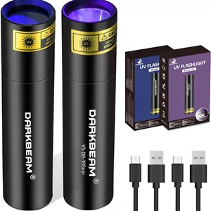 چراغ قوه فرابنفش DARKBEAM با نور 365 نانومتر و نور سیاه 395 نانومتر، چراغ قوه کوچک و قدرتمند USB-C قابل شارژ، چراغ قوه LED فرابنفش برای تشخیص ادرار حیوانات خانگی، سنگ، شیشه اورانیوم، خشک کردن رزین، 2 عدد