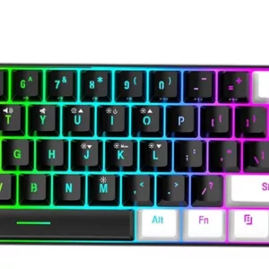 کیبورد گیمینگ سیمی 60%، کیبورد کوچک سیمی 61 کلیدی با نور پس زمینه RGB، کیبورد نورانی RGB به همراه ماوس، مناسب برای تبلت، لپ تاپ و سیستم عامل های 8، 10 و OS X (مرکز مشکی با قاب سفید)