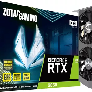 کارت گرافیک گیمینگ ZOTAC Gaming GeForce RTX™ 3050 ECO Edition با 8GB حافظه GDDR6، رابط 128-bit، سرعت 14 Gbps، اسلات PCIE 4.0، کنترل فعال فن و قابلیت توقف فن (Freeze Fan Stop)، مدل ZT-A30500K-10M