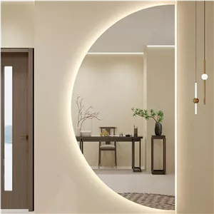 آینه حمام LED با ضد بخار، 3 رنگ قابل تنظیم، آینه روشویی نیم دایره آویز، آینه دیواری بزرگ نامنظم هلالی - نورانی و شیک (برش راست 35x70 سانتی متر)
