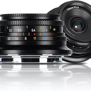 لنز ثابت 10mm F3.5 با زاویه دید باز 7artisans، لنز APS-C برای دوربین‌های بدون آینه، سازگار با Olympus و Panasonic MFT M4/3 Mount، سری GH/G9/GX/GF/BGH