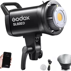 نور ثابت ال ای دی گودکس SL60IID 70W، 18600Lux در 1 متر، 5600K COB LED، کنترل از طریق بلوتوث و ریموت کنترل بی‌سیم 2.4G، دارای 8 جلوه ویژه داخلی، TLCI/CRI 97 /96 ، مانت بوئنز مناسب نورپردازی استودیویی
