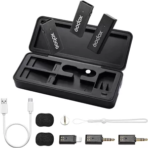 کیت میکروفون یقه ای بی سیم GODOX Movelink Mini LT، 2.4 گیگاهرتز، برد 100 متر، 2 فرستنده1 گیرنده با جعبه شارژ برای آیفون، کامپیوتر، لایتنینگ، تلفن هوشمند، دوربین، ولاگ، مصاحبه (مشکی)