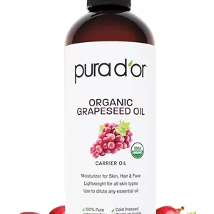 روغن هسته انگور ارگانیک ۱۶ اونسی PURA D'OR - روغن حامل پرس سرد تایید شده توسط USDA، ۱۰۰٪ خالص و طبیعی - مرطوب کننده مایع سبک و ابریشمی، بدون بو، بدون هگزان - صورت، پوست و مو - مردان و زنان