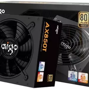 منبع تغذیه کاملا ماژولار Aigo AX850T، گواهینامه 80 Plus Gold، توان 850 وات، محافظت جامع OVP، UVP، OPP، SCP و OTP، خازن تایوانی، مشکی | AX850T