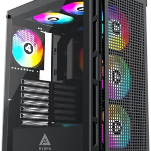 کیس کامپیوتر مید تاور Apevia Hydra-BK Hydra با 6 فن 120 میلی‌متری ARGB، 366 حالت نورپردازی RGB، پنل جلویی مشبک با قابلیت عبور جریان هوای بالا، پنل جانبی شیشه‌ای حرارت دیده، 1 پورت USB3.0، 2 پورت USB2.0، مشکی