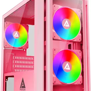 کیس کامپیوتر گیمینگ Apevia Phenom-PK Phenom Micro-ATX با 3 فن 120 میلی‌متری ARGB، دارای 366 حالت نورپردازی RGB، 1 پنل جلویی شیشه‌ای، پشتیبانی از کارت گرافیک 340 میلی‌متری، 1 پورت USB3.0، 2 پورت USB 2.0، صورتی