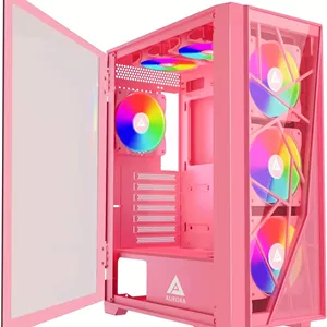 کیس کامپیوتر مید تاور Apevia Aurora-PK Aurora با 6 فن 120 میلی‌متری PWM ARGB، دارای 366 حالت نورپردازی RGB، 1 پنل جلویی شیشه‌ای و مشبک، 1 پنل کناری شیشه‌ای مغناطیسی لولایی، 2 پورت USB3.0، صورتی…