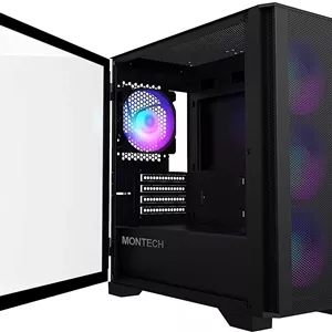 کیس Montech AIR 100 ARGB Micro-ATX Tower با چهار فن ARGB از پیش نصب شده، طراحی فوق‌العاده مینیمالیستی، پنل جلویی توری ظریف، جریان هوای بالا، شیشه حرارت دیده چرخان جانبی منحصر به فرد، مشکی