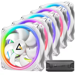 فن های کیس RGB انتک، فن RGB 120 میلی متری، فن های RGB آدرس پذیر 5V-3PIN 120 میلی متری، همگام سازی مادربرد با 5V-3PIN، بسته 5 عددی فن 120 میلی متری با کنترلر، فن های RGB سری Prizm White