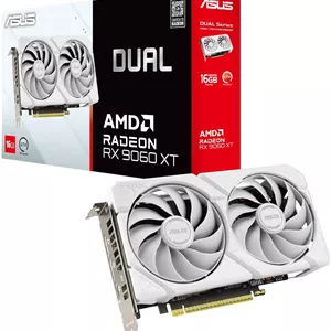 کارت گرافیک گیمینگ سفید ASUS Dual Radeon RX9060XT 16G GDDR6 (AMD Radeon RX9060XT، معماری AMD RDNA 4، طراحی 2.5 اسلات، بایوس دوگانه، PCIe 5.0، 1x HMDI 2.1b، 2X DisplayPort 2.1a، سفید)