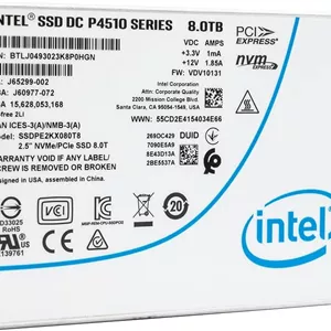 درایو حالت جامد اینتل مدل DC P4510 Series با ظرفیت 8.0 ترابایت، 2.5 اینچ PCIe 3.1 x4، 3D2 TLC، بسته تکی