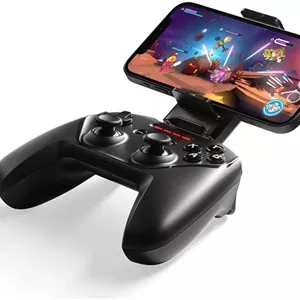 دسته بازی بی‌سیم SteelSeries Nimbus  iOS، مناسب آیفون، آی او اس، آیپد، اپل تی وی، عمر باتری 50  ساعت، اتصال بی‌سیم، شامل پایه نگهدارنده آیفون، دارای مجوز رسمی اپل، مشکی | 69089