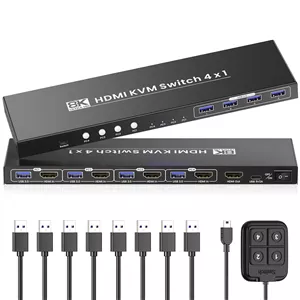 سوئیچ KVM HDMI با 1 مانیتور برای 4 کامپیوتر، 8K@60Hz 4K@120Hz USB 3.0، سوئیچ KVM HDMI 4 پورت برای اشتراک 1 مجموعه کیبورد، ماوس و مانیتور بین 4 کامپیوتر