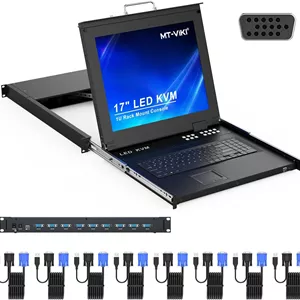 سوئیچ KVM رک مونت MT-Viki با مانیتور LCD 17 اینچی، کنسول KVM LCD مناسب رک 1U 19 اینچی، پشتیبانی از OSD/Hotkey، یکپارچه با صفحه کلیدتاچ پدکشو8 کابل KVM