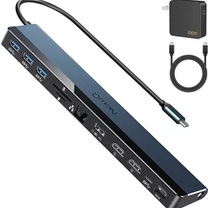 داک استیشن USB C با قابلیت اتصال به دو مانیتور، شارژر 100 واتی USB-C، داک 12 در 1 لپ تاپ با دو پورت HDMI 4K@30~60Hz، PD 100W، 4 پورت USB 5Gbps، اسلات SD/TF، اترنت، صدا برای مک بوک/دل/اچ پی/لنوو/ایسوس/ایسر
