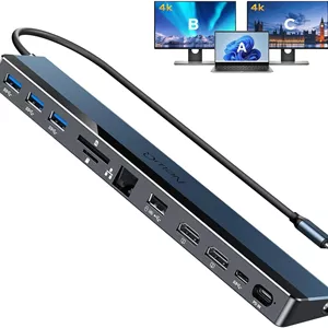 داک استیشن USB C مانیتور دوگانه، داک لپ تاپ 12 در 1 با دو HDMI 4K@30~60Hz، ورودی PD 100W، پورت های USB 5Gbps*4، اسلات SD/TF، اترنت گیگابیتی، صدای 3.5 میلی متری برای MacBook/Dell/HP/Lenovo/Asus/Acer