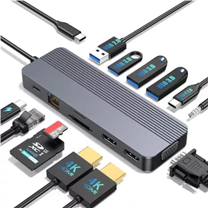 داک استیشن 3 مانیتور برای لپ تاپ های HP/Dell/Lenovo/MacBook، هاب USB C 13 در 1، داک استیشن کامپیوتر برای لپ تاپ با دو پورت HDMI، VGA، USB 3.0، پورت شارژ سریع، کارت خوان SD/TF، صدای 3.5 میلی متری