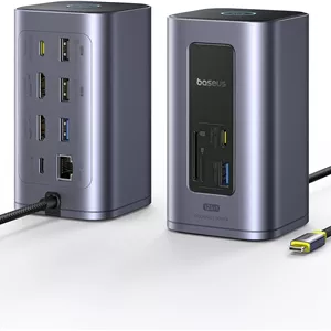 داک استیشن USB-C بیسوس، Nomos Air 12 در 1، داک استیشن 2 مانیتور، 2 پورت HDMI 4K، پورت های USB-C/A با سرعت 10 گیگابیت بر ثانیه، توان 100 وات PD، گیگابیت اترنت، سازگار با لپ تاپ های Dell/HP/Lenovo/Asus/Acer/Mac