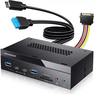 پنل جلویی کامپیوتر GRAUGEAR با پورت‌های صوتی، کارت‌خوان داخلی SD/microSD، هدر USB3.2 Type-E Key-A 20-Pin و هدر USB3.0 و کانکتور برق 15-Pin SATA مورد نیاز