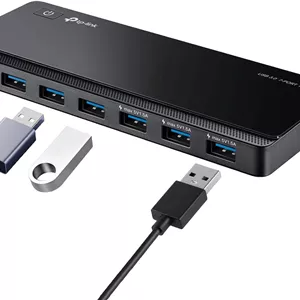 هاب USB 3.0 تی پی-لینک UH700 با منبع تغذیه، توزیع کننده و اسپلیتر USB 7 پورت، آداپتور USB ایده آل برای ویندوز، مک، کروم و لینوکس، با آداپتور برق و کلید روشن/خاموش