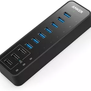 هاب داده 10 پورت 60 واتی انکر با 7 پورت USB 3.0 و 3 پورت شارژ PowerIQ برای مک‌بوک، مک پرو/مینی، آی‌مک، XPS، سرفیس پرو، آیفون 7، 6s پلاس، آیپد ایر 2، سری گلکسی، هارد دیسک موبایل و غیره