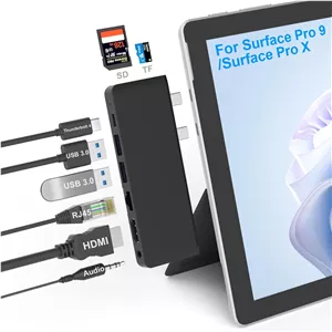 داک استیشن هاب سرفیس پرو 9/پرو 11 با پورت HDMI 4K، تاندربولت 4 (ویدئو 8K 40Gbps توان 100W)، اترنت 100M، USB3.0، اسلات کارت SD TF، صدای 3.5 میلی‌متری، نمایشگر سه‌گانه برای لوازم جانبی سرفیس پرو 9/پرو X