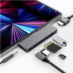 آداپتور GKEAPZA هاب USB C برای آیپد پرو M4 M2 M1 2024-2018، هاب USB C هفت در یک با HDMI 4K، جک 3.5 میلی‌متری، USB3.0، PD 60W، SD/TF، دیتای USB-C، آیپد ایر 4/5، آیپد مینی 6