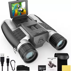 دوربین دوچشمی دید بزرگ ZZSTAR 12x32 با دوربین، دوربین دوچشمی FMC و BAK4 Prism برای بزرگسالان با قدرت بالا، صفحه نمایش LCD 2 اینچی ضبط کننده عکس و فیلم 1080P 5MP برای تماشای پرندگان و شکار، با کارت 32 گیگابایتی، نقره ای