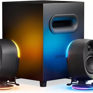 اسپیکرهای گیمینگ 2.1 استیل سریز Arena 7 RGB با نورپردازی، بیس قدرتمند، ساب ووفر و بلوتوث - سازگار با کامپیوتر، پلی استیشن، موبایل - مشکی (بازسازی شده)