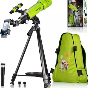 تلسکوپ کودکان Bresser Junior - لنز 70/400 برای مبتدیان نجوم، با کوله پشتی، لوازم جانبی و نگهدارنده تلفن هوشمند، رصد آسمان شب، سبز