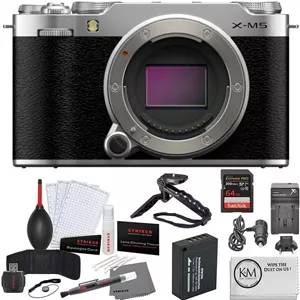 دوربین بدون آینه فوجی فیلم X-M5 | بسته نقره ای با کارت حافظه 64 گیگابایتیباتری و شارژر اضافیسه پایه گریپکیت استارتر عکس لوکسپارچه تمیز کننده (7 قطعه)