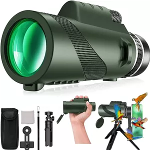 تلسکوپ تک چشمی 80x100 با قدرت بالا برای بزرگسالان به همراه آداپتور تلفن هوشمند، مناسب شکار، تماشای حیات وحش، تماشای پرندگان، مسافرت، کمپینگ و پیاده روی - سبز