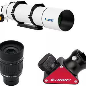 تلسکوپ SVBONY SV48P، تلسکوپ شکستی 102 میلی‌متری با دیافراگم بزرگ F6.5 OTA به همراه عدسی چشمی زوم SV135 1.25 اینچی 7-21 میلی‌متری و آینه قطری دی الکتریک SV188P، برای رصد بصری نجومی