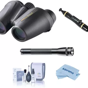 دوربین دوچشمی نیکون 8x25 ProStaff ATB ضد آب با منشور Porro، زاویه دید 6.3 درجه، مشکی، به همراه چراغ قوه LED Pelican 2360، کیت تمیز کننده و تمیز کننده لنز