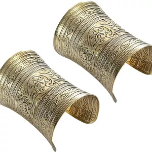 دو عدد دستبند النگویی زنانه، طرح قدیمی، پهن، باز، طلایی و نقره ای، دستبندهای کاف قابل تنظیم، آلیاژ روی ضد حساسیت، مناسب برای ایفای نقش، رقص، مهمانی یا مناسبت های خاص