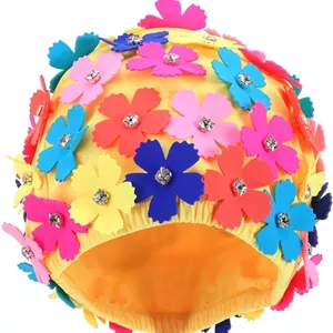 کلاه شنای گلدار زنانه، کلاه حمام پارچه ای با گل های سه بعدی، کلاه شنای سبک رترو برای بانوان، دختران، موهای بلند و کوتاه، لوازم جانبی استخر و ساحل